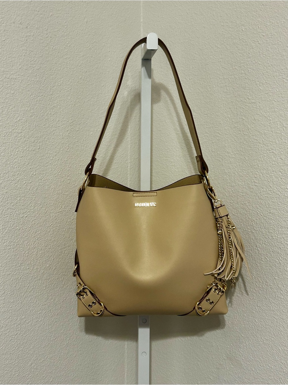 Madden NYC Tan Hobo Shoulder Bag with Tassel Charm